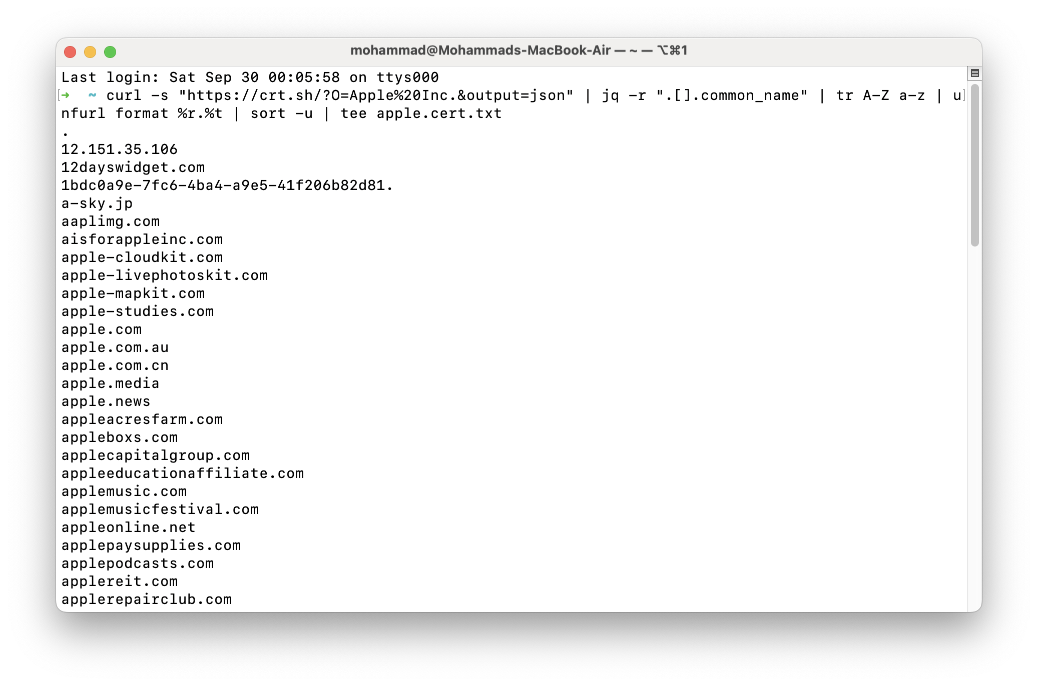Apple cert search results — root domains enumerated