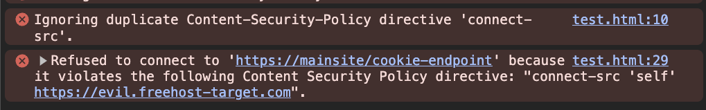 Browser still raising connect-src CSP error despite the appended directive