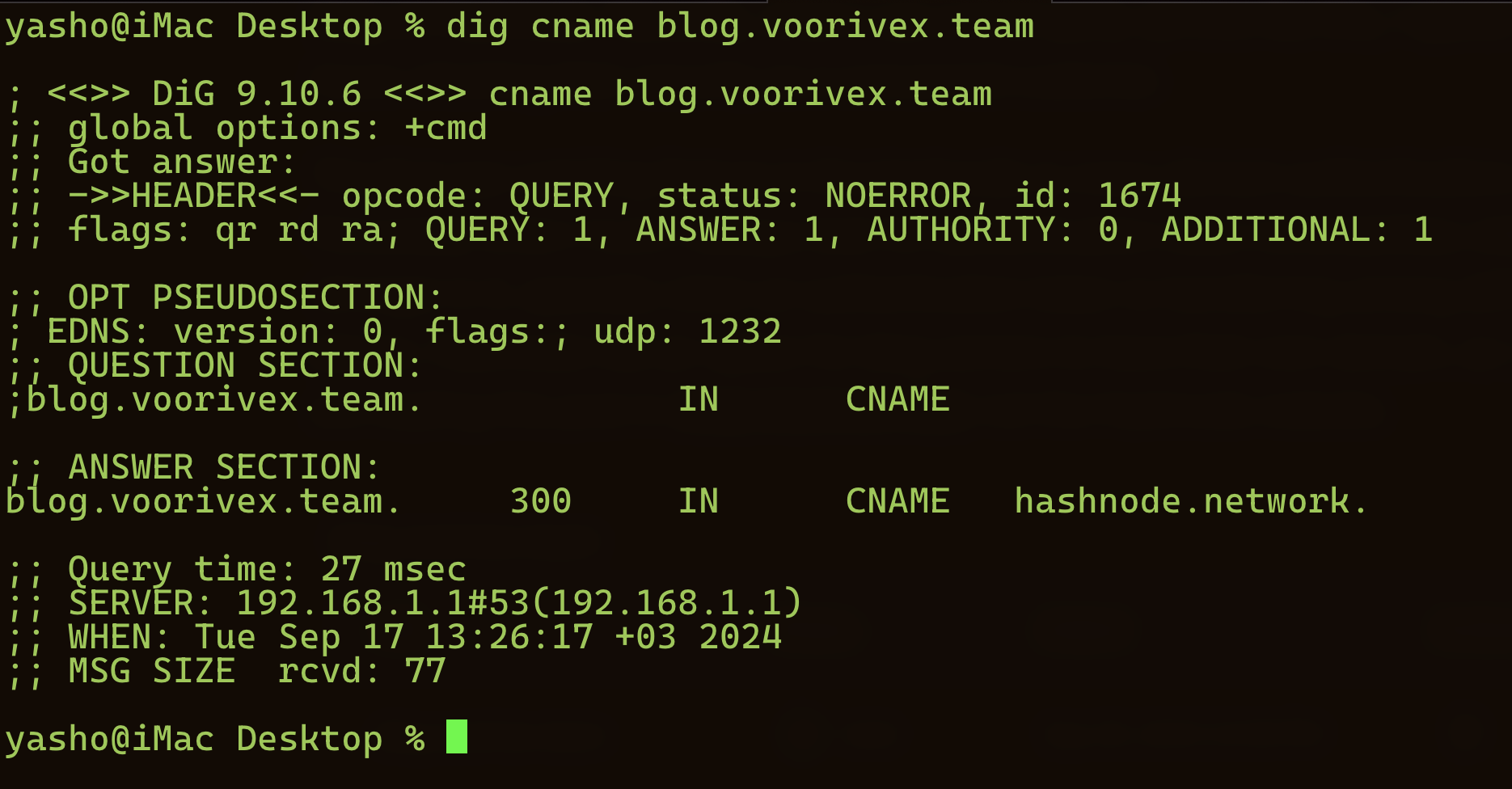 CNAME setup pointing the user's domain at hashnode.network