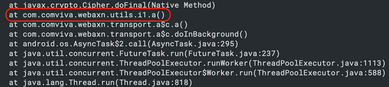 Stack trace leading to the encryption/decryption method