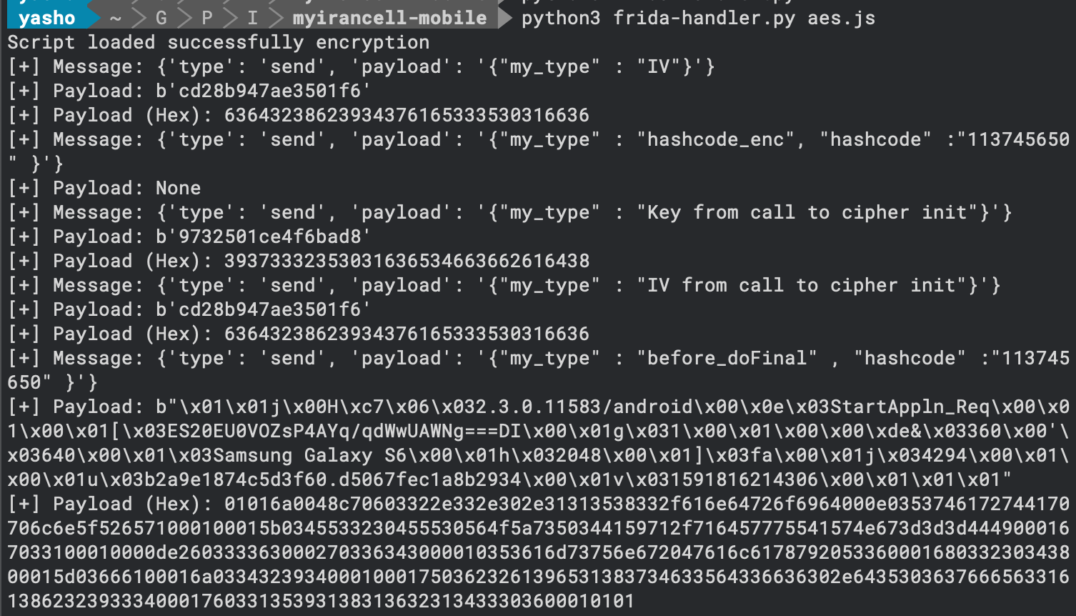 Universal AES hooker output revealing the plaintext