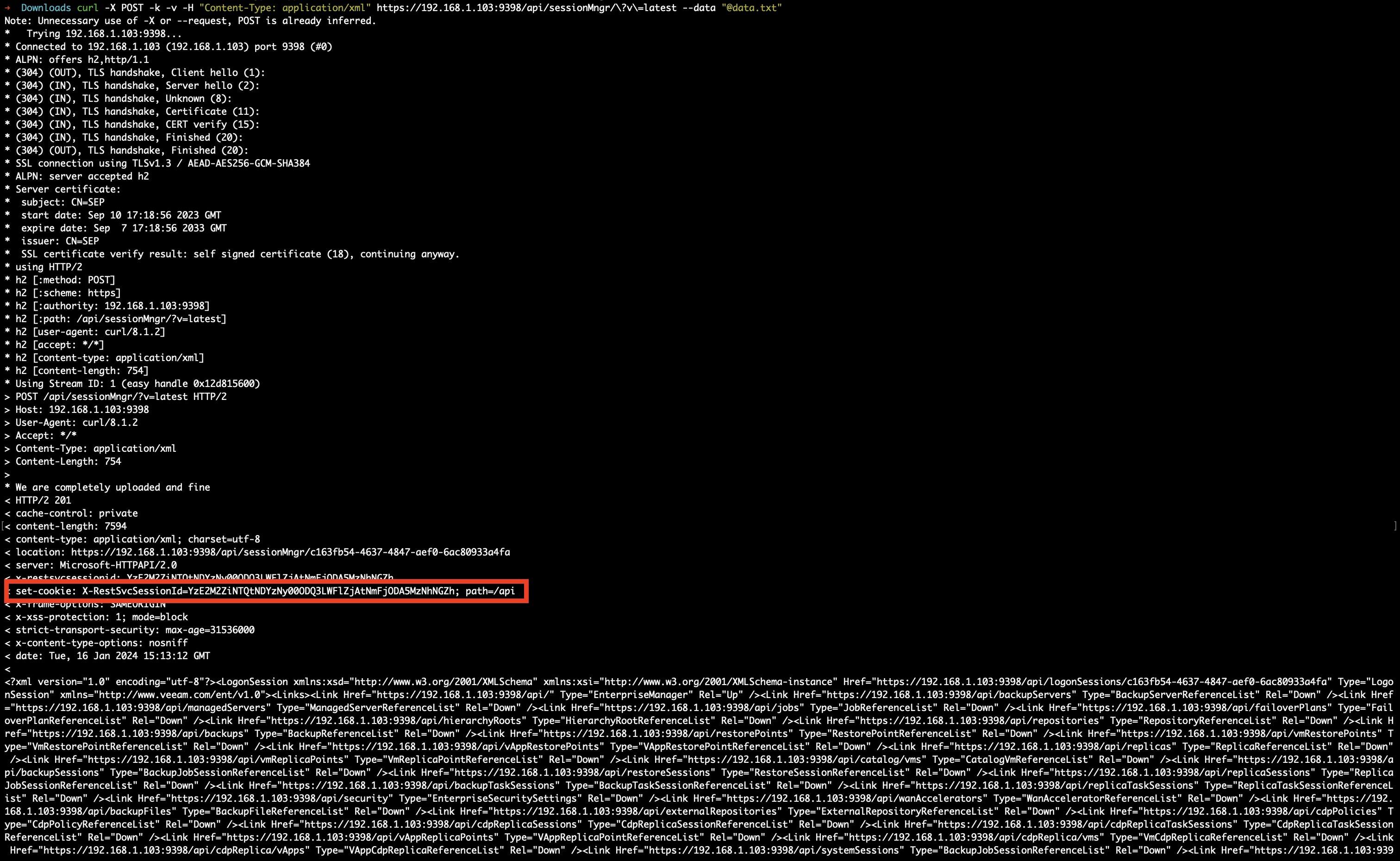 Set-Cookie X-RestSvcSessionId returned for the targeted account