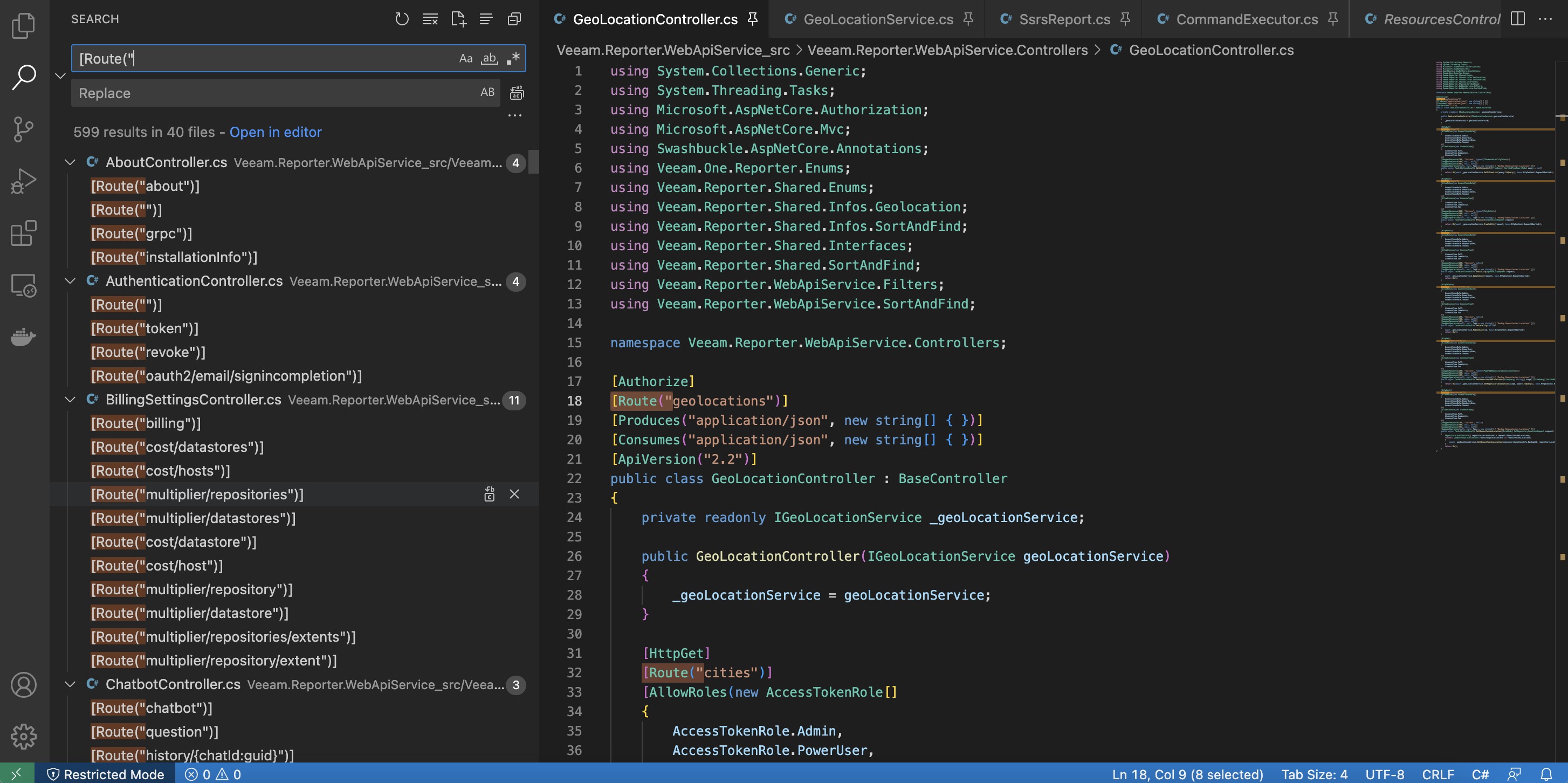 Searching the source for [route( to enumerate Veeam One APIs