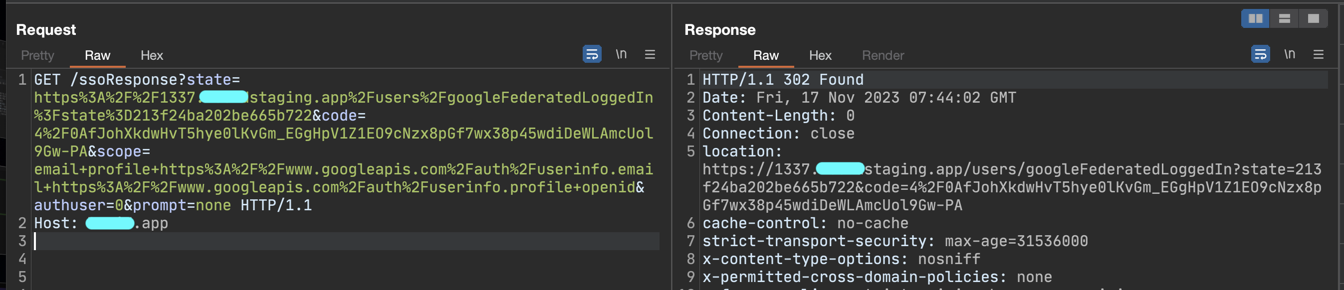 OAuth flow — request 4 (main → subdomain hand-off)