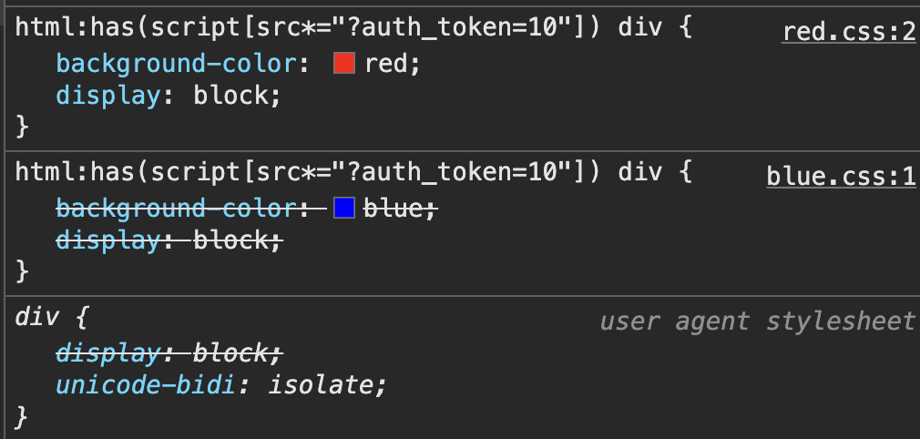 CSS specificity demo — div renders red because the more specific rule wins