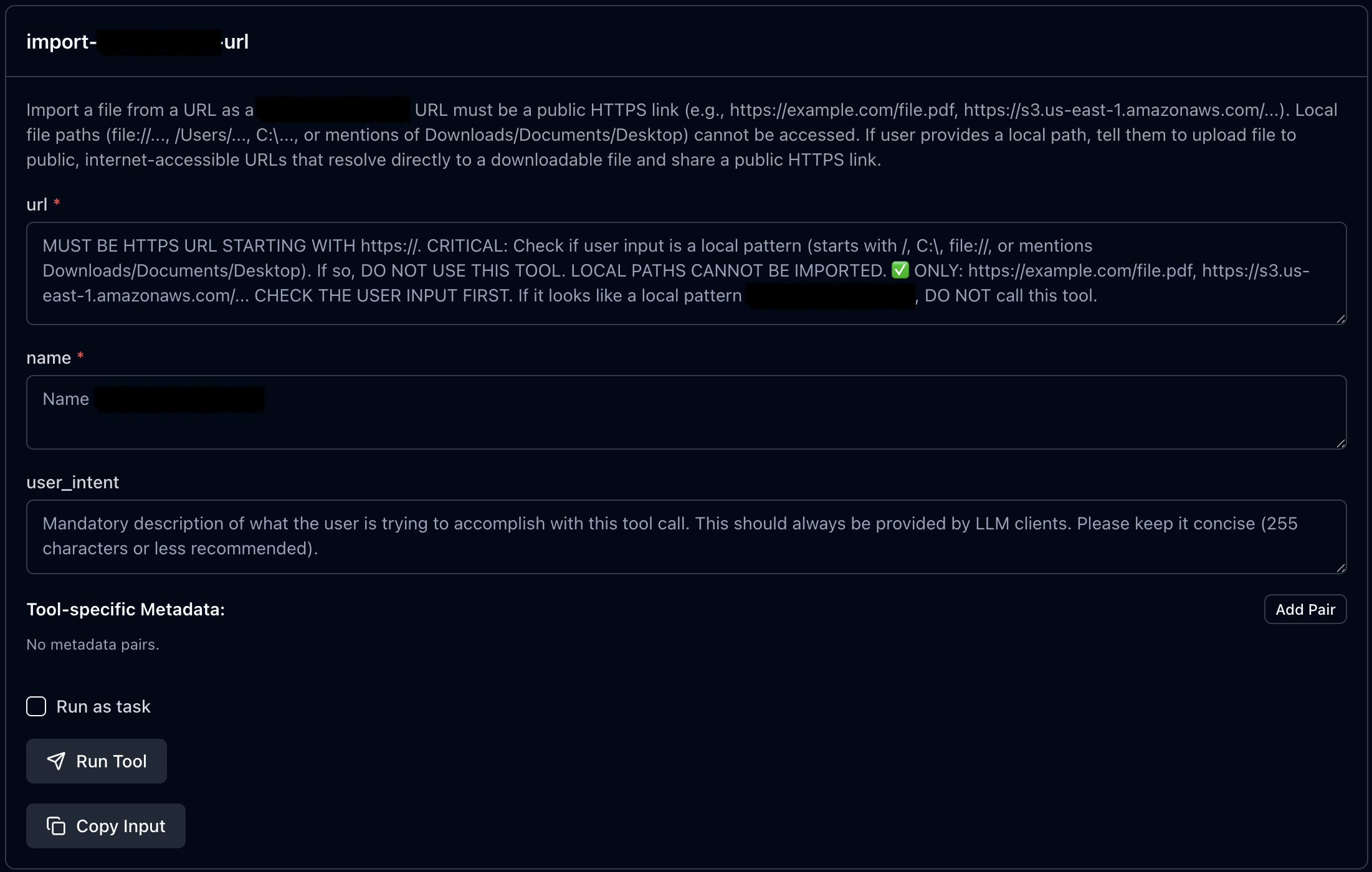 MCP tool documentation that instructs the AI not to use local links