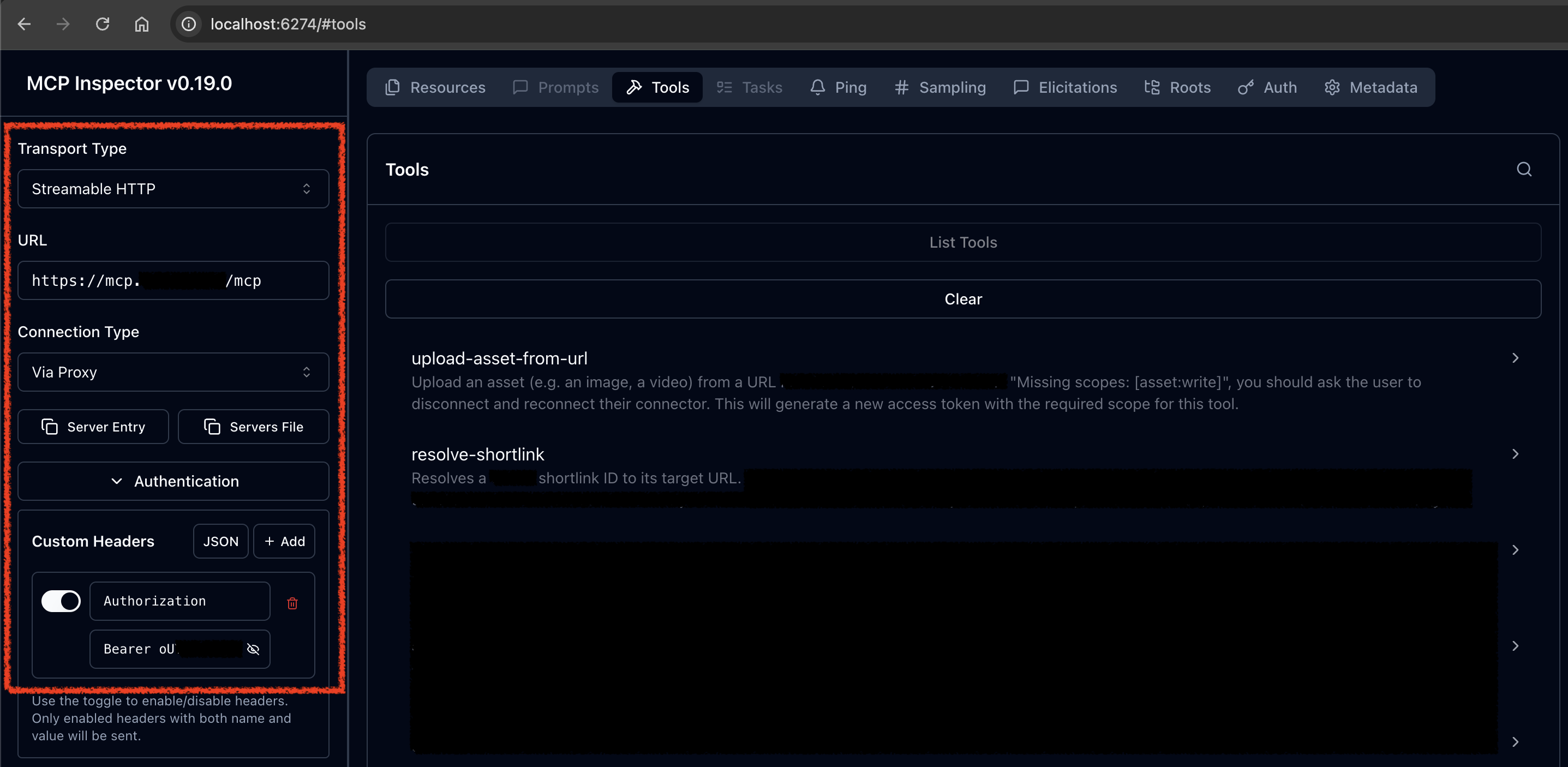 MCP Inspector tool list interface