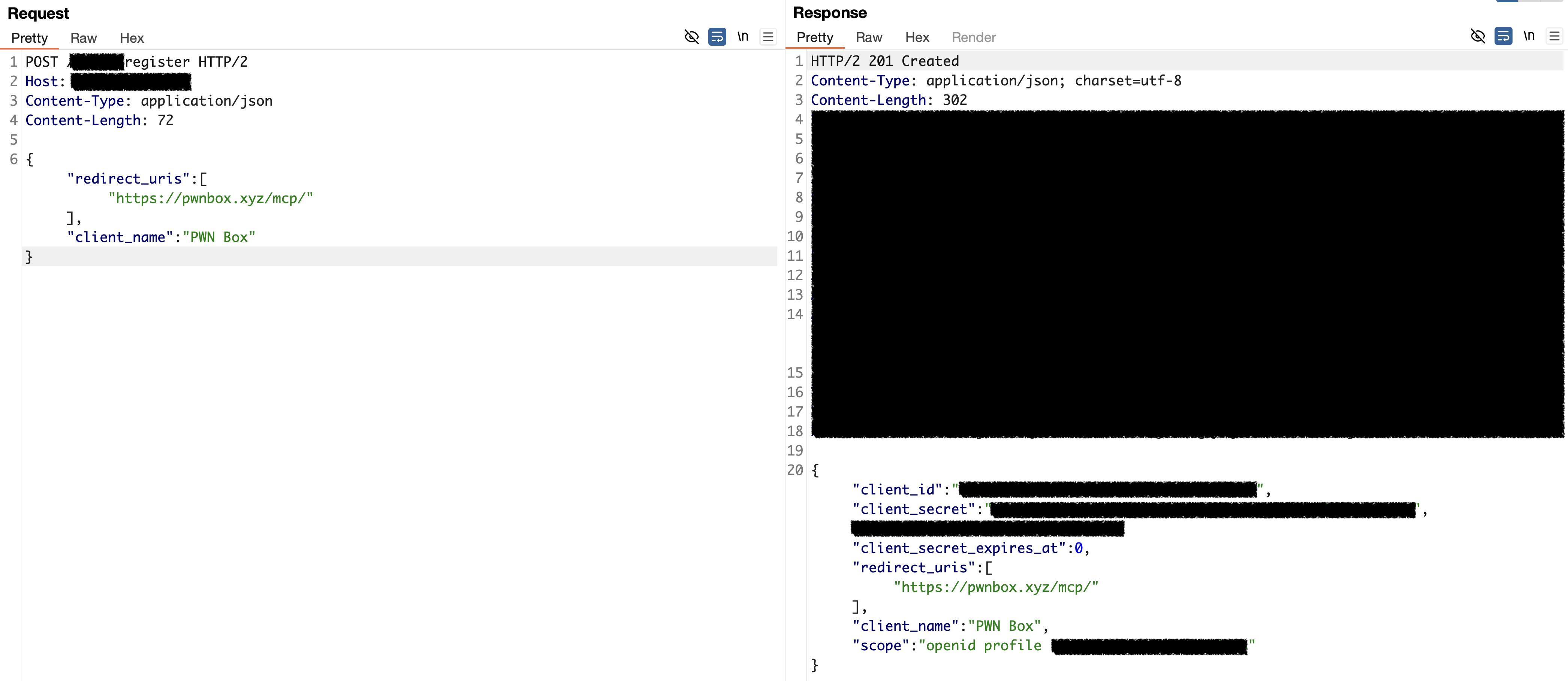 OAuth client registration with attacker-controlled redirect_uri