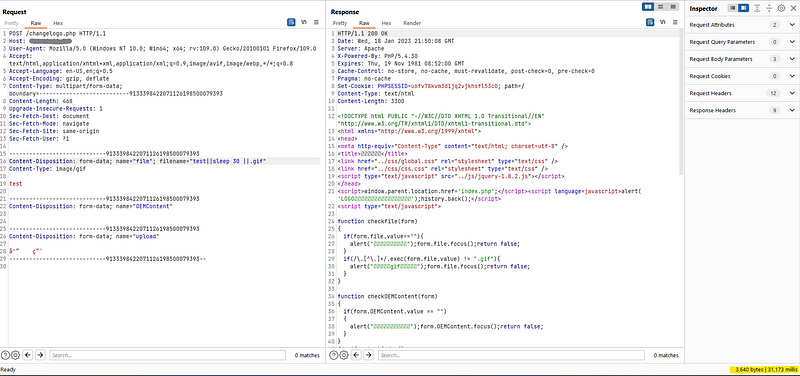 Command injection via filename — sleep delay observed